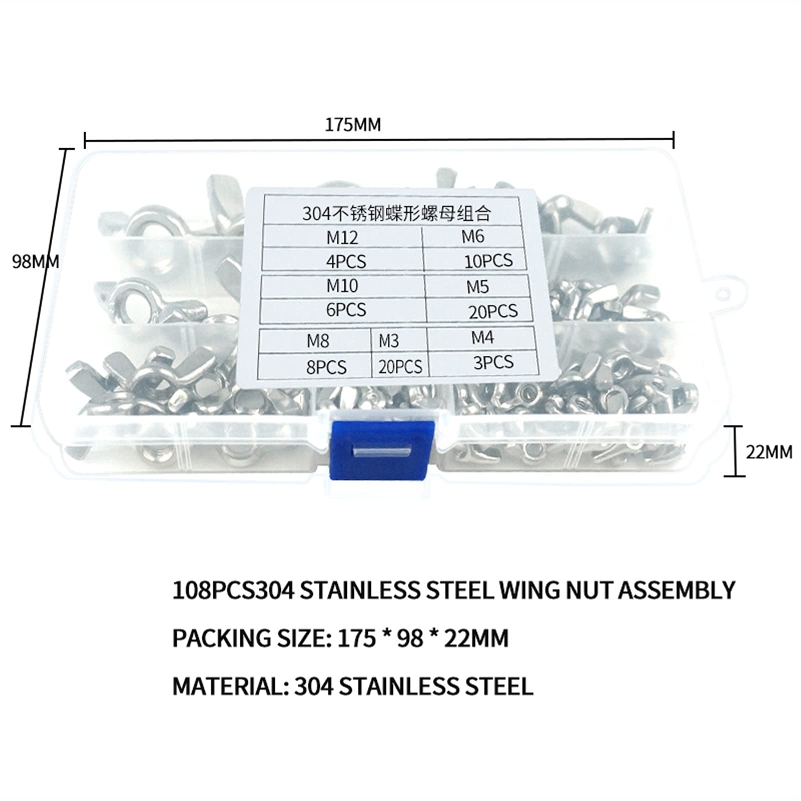 Dadi ad Alette di Farfalla 98 PCS Kit assortimento di Dado ad Ala M3 M4 M5 M6 M8 M10 M12 Noci in Acciaio Inox Acciaio Inossidabile Farfalla per Bicicletta da Batteria