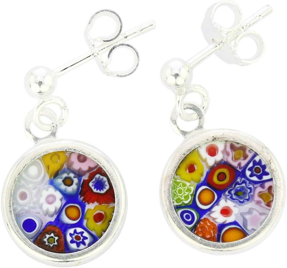 Glass Of Venice Italian Murano Glass Earrings Small Stud Round Multicolor Millefiori Flower In Sterling Silver 3/8 Inch - Murano Glass Earrings For Women
