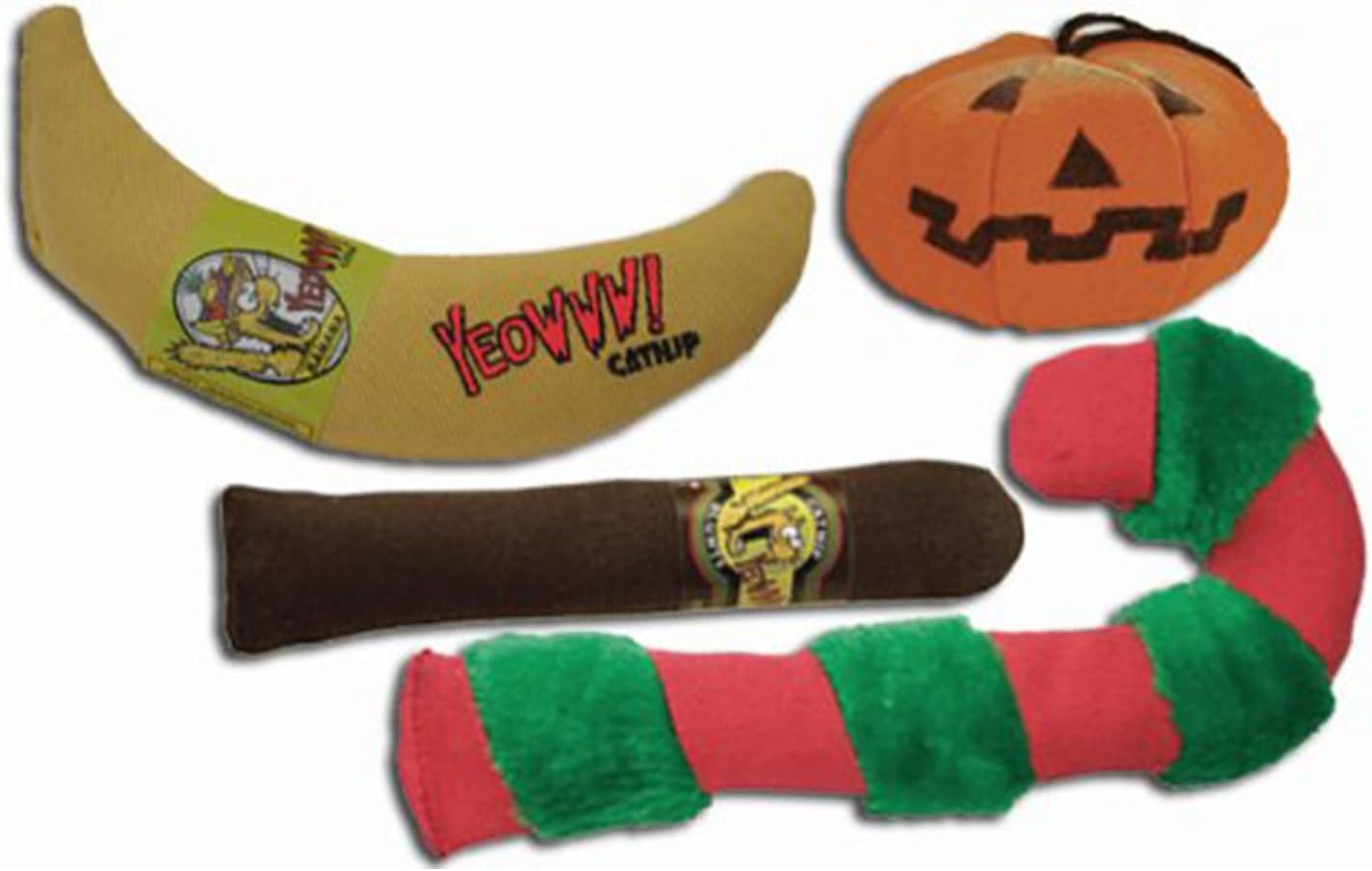 Yeowww! 100% Organic Catnip Toy Assortment (Banana, Cigar, Pumpkin, Candy Cane)