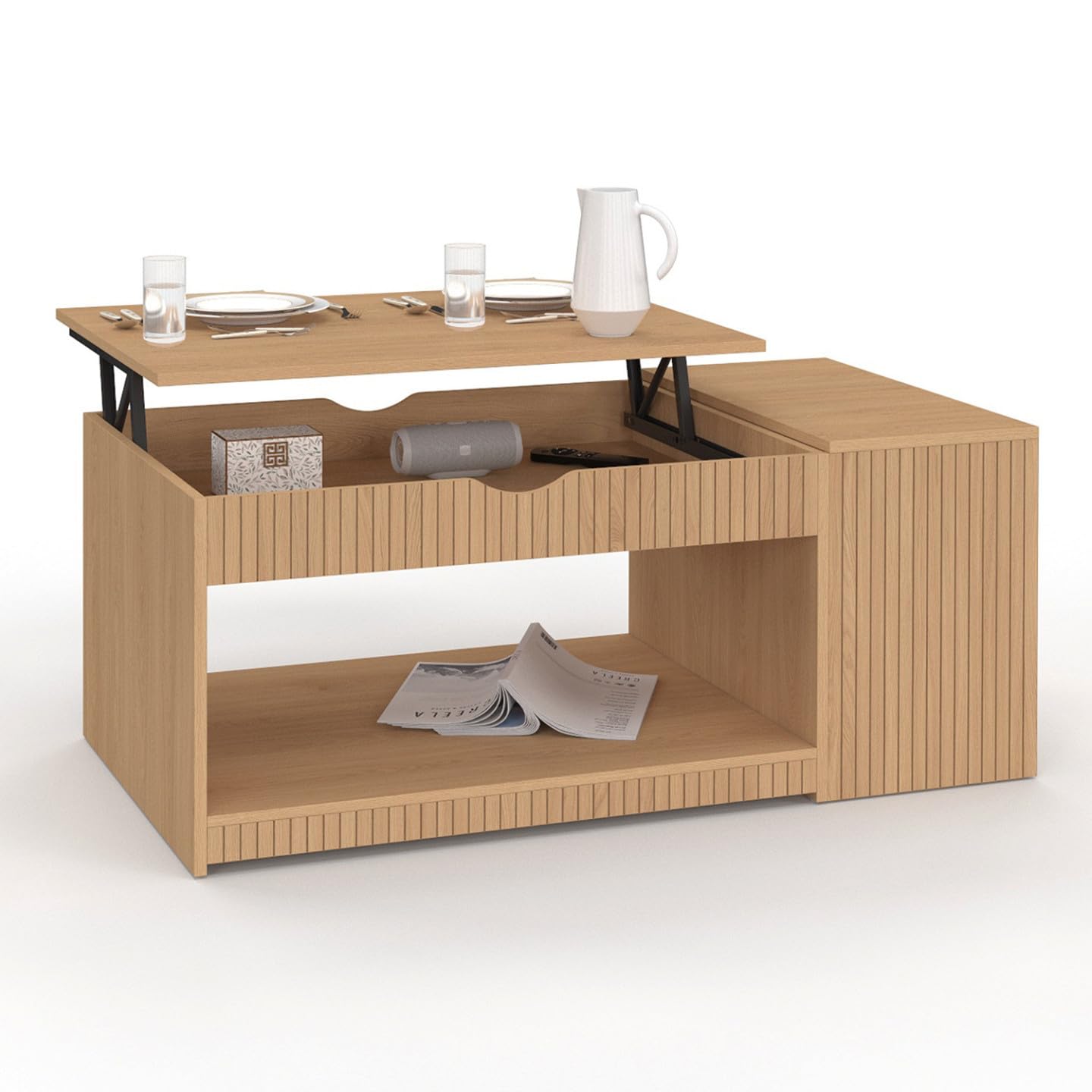 IDMarket - Table Basse Plateau relevable rectangulaire Juliette avec Coffre Lattes tasseau Bois Coloris chêne