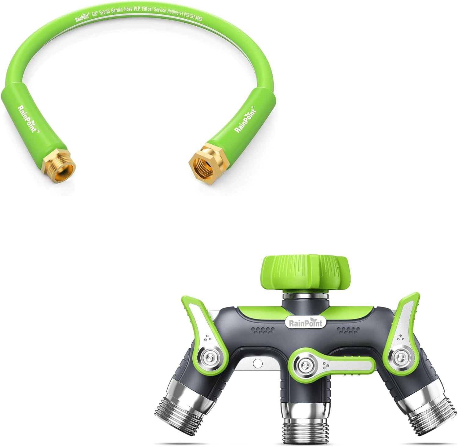 RAINPOINT 3-Way All Metal Hose Splitter & 3FT Short Garden Hose – Heavy Duty 100% Zinc Alloy Y Splitter with 1.9" Extra Long Handle & Individual Shut-Off, Lightweight Hybrid Rubber Leader Hose, 600PS