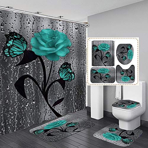 4 STK. Blumenduschvorhang-Sets mit rutschfesten Teppichen, Toilettendeckel und Badematte, Rose Flower Regentropfen…