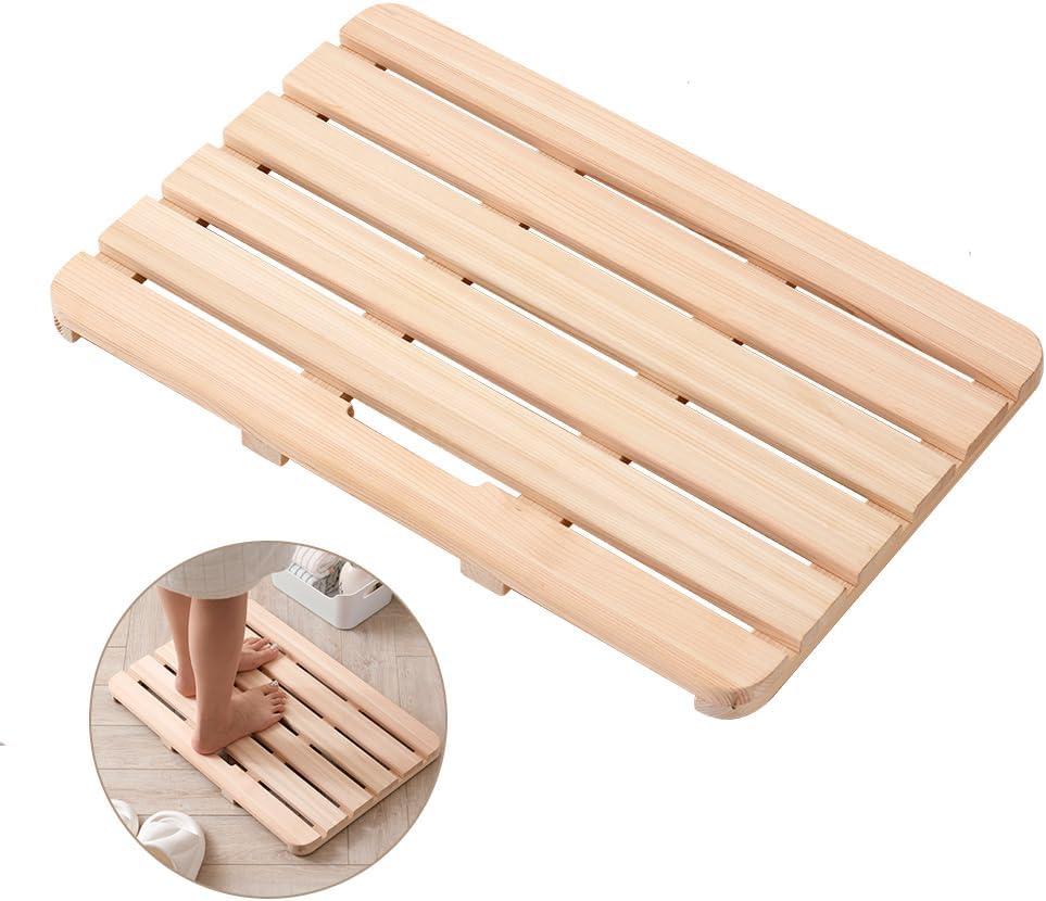 Wooden Bath Mat Non-Slip Hinoki Cypress Wood Shower Mat Waterproof Luxury Spa Bathtub Mat for Indoor or Outdoor Use, 21 x 14 x 1 Inches