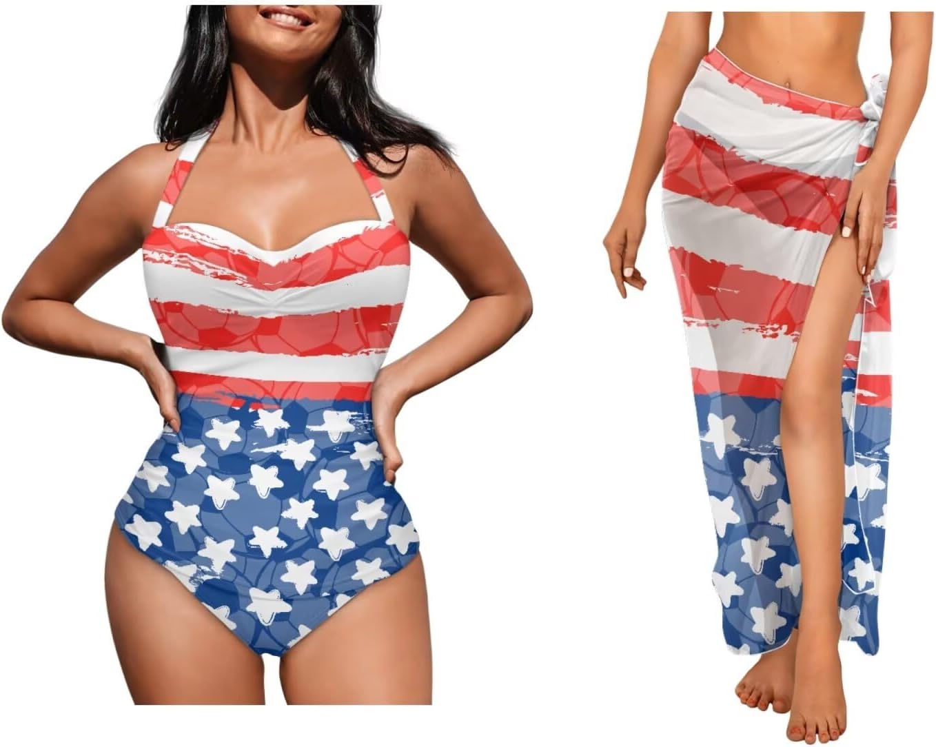 Women's One Piece Swimsuit with Beach Cover up Wrap Skirt Sarong Retro Print Bikini Set Two Piece Bathing Suit 2X