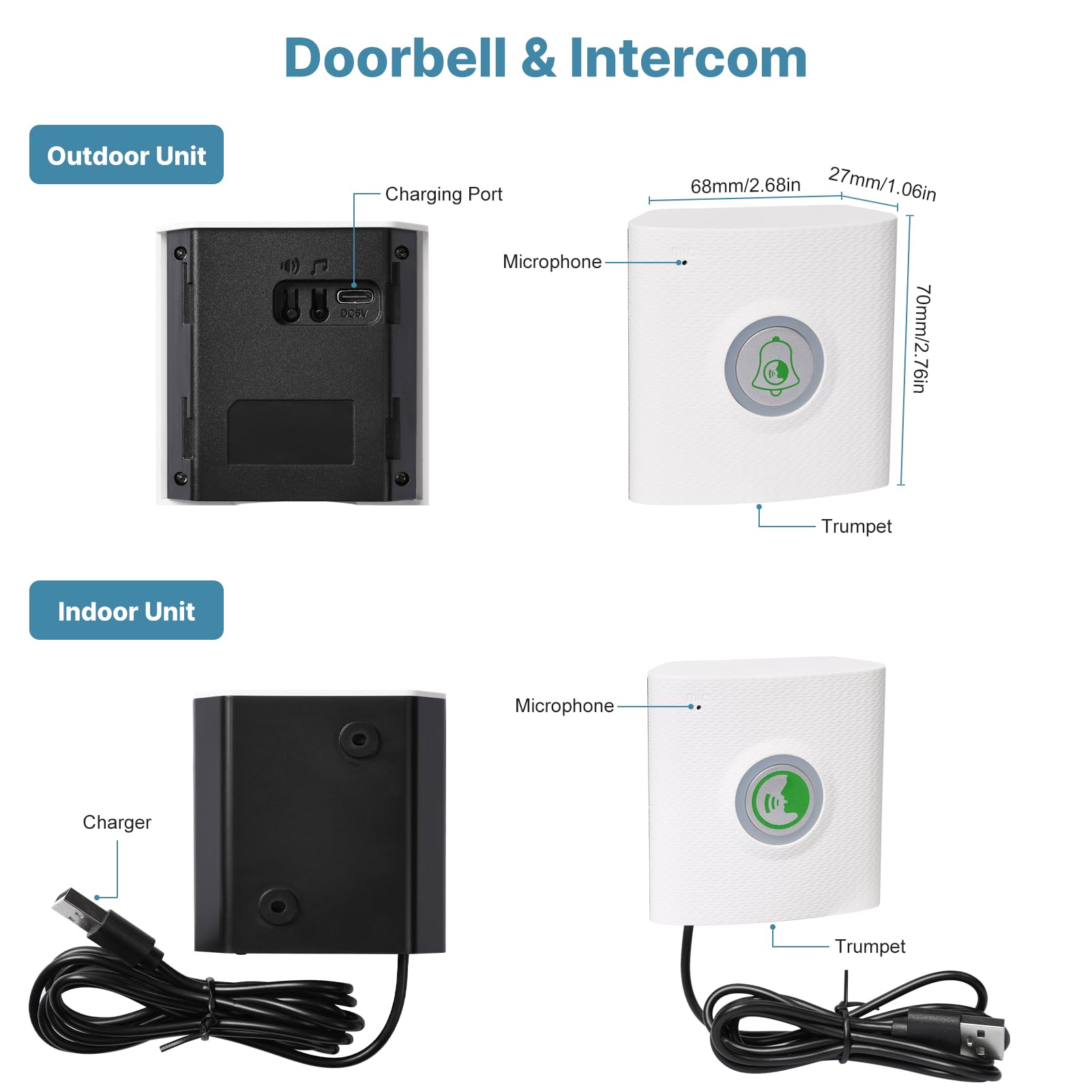 Interfono Senza Fili Con Campanello - Citofono Wireless A 200m, Bidirezionale, 8 Suonerie
