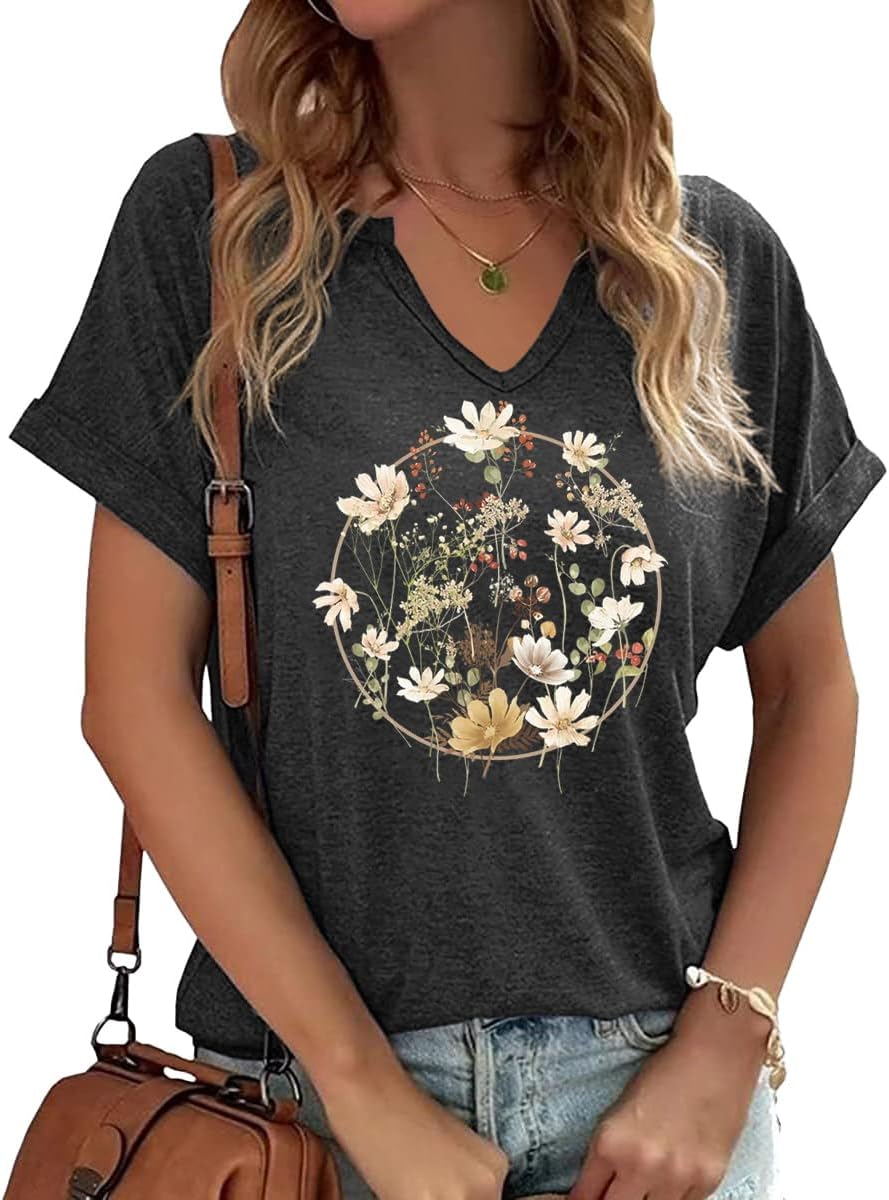 Earlymemb Womens Vintage Flowers V Neck Shirt Boho Floral Wildflowers Graphic Tee Casual Cottagecore Short Sleeve T Shirt