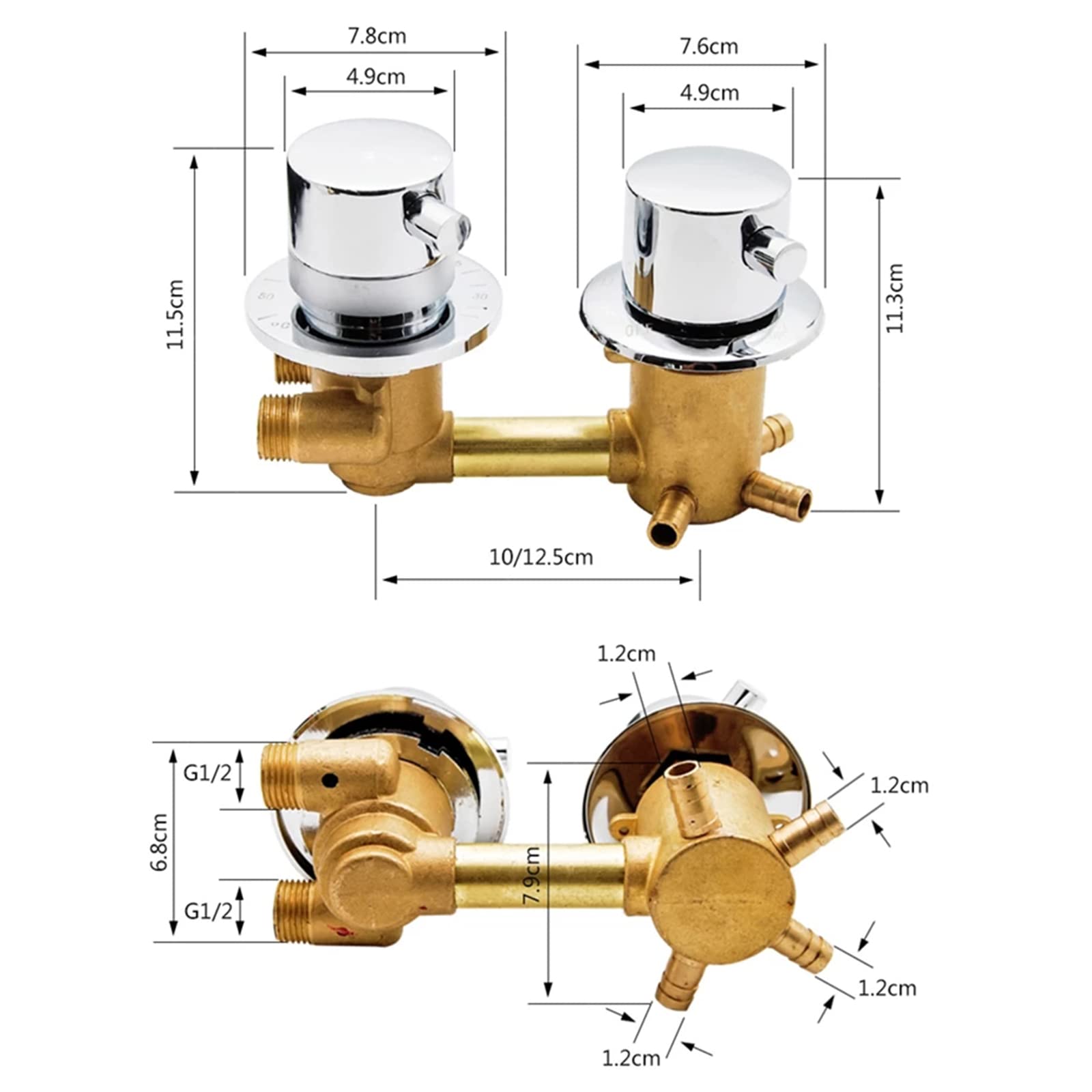 Rubinetti Termostatici Doccia Uscita 2/3/4 Vie 10/12,5/14,5cm Valvola Miscelatrice in Ottone Intubazione Controllo Miscelatore Temperatura Bagno, Cartuccia Ottone, Doppio Supporto (2 Uscita 10cm)