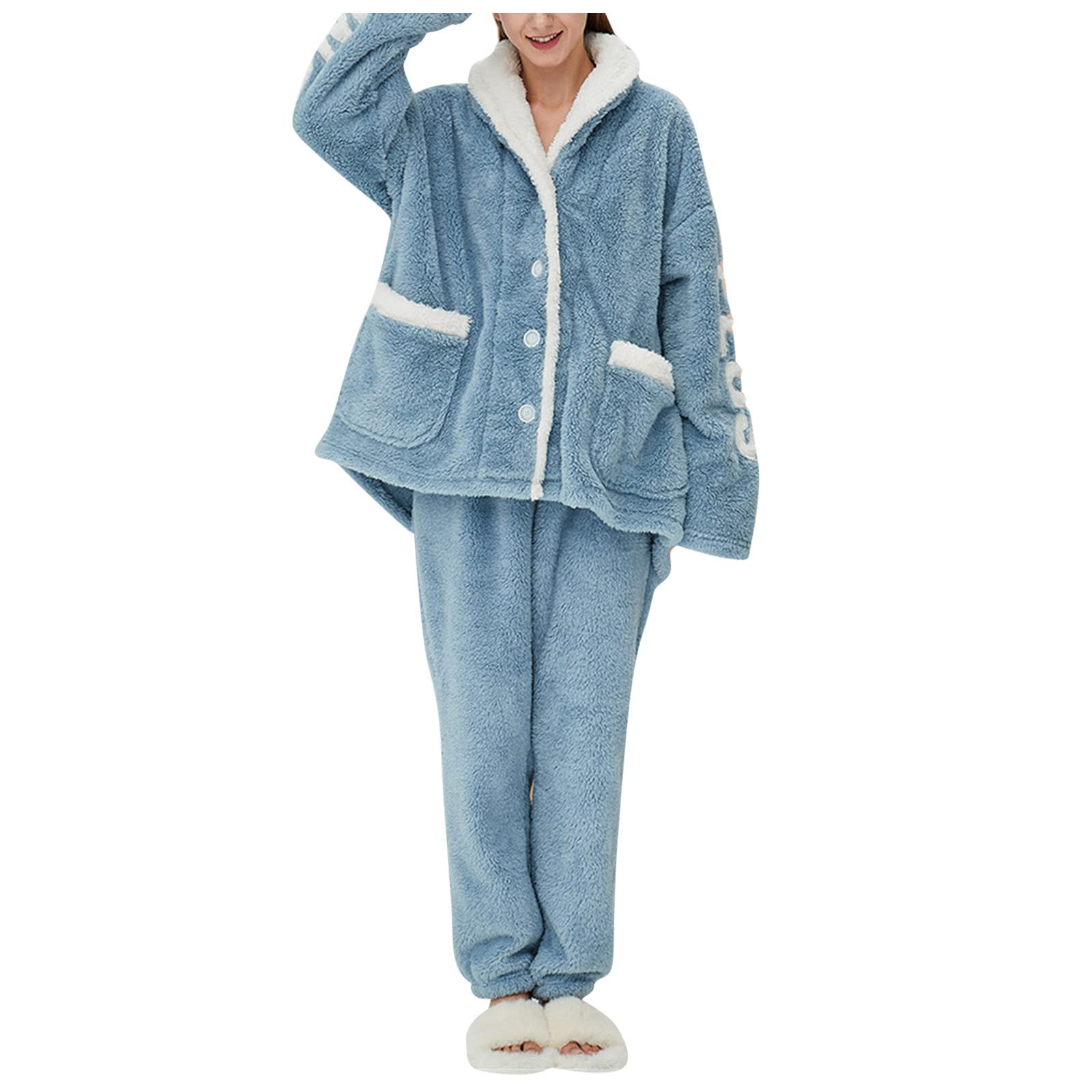 Conjunto de pijama cálido y suave para mujer, pijama de forro polar con botones para invierno y otoño, conjunto de pijama cómodo de algodón para invierno y otoño