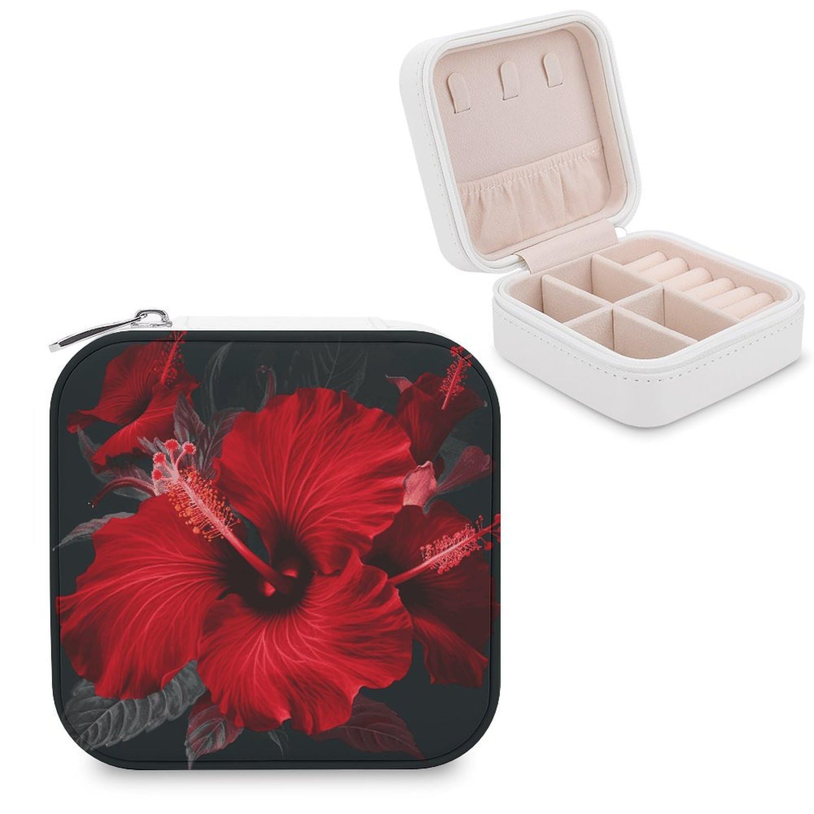 MUSM Red Hibiscus Flowers Travel Jewelry Case Personalized PU Leather Jewelry Boxes for Women Small Portable Jewelry Organizer Box Cute Trinket Box for Necklaces Rings Earrings & Gifts