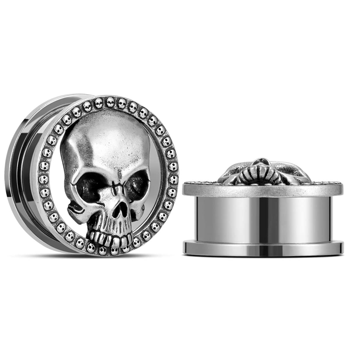 ERKUOO 2 dilatadores de oreja de calavera, dilatadores de rosca, túneles de oreja, túneles de carne, piercing, pendientes, dilatadores de 0 g-1 pulgada (8 mm-25 mm)