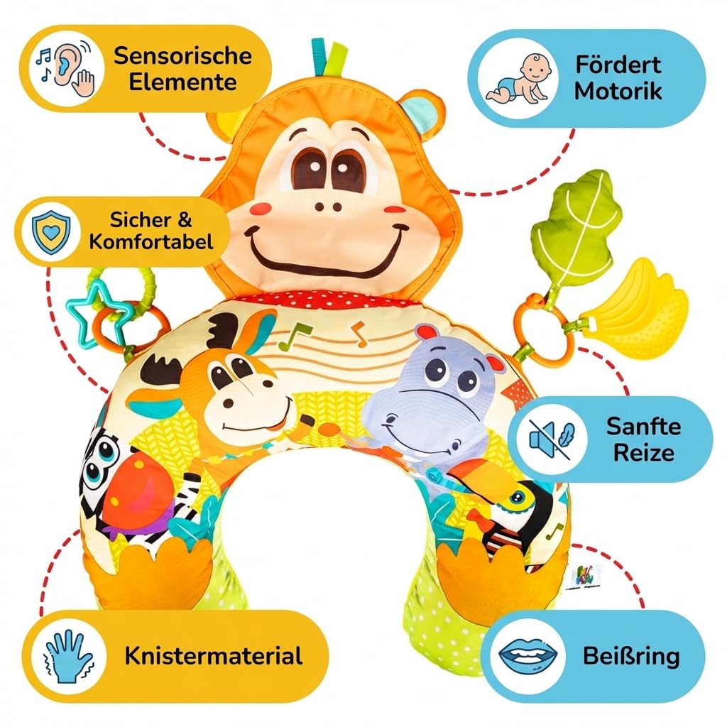 BALIBAZOO Tummy Time Bauchlage Kissen Baby - BPA-Frei Spielkissen ab 0+ Monaten - Sensorisch Bauchkissen mit Knisterpapier, Beißring, Quietscher und Rassel - Ideal zur Förderung der Bauchlage