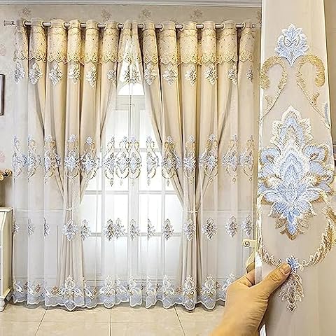 Amidoudou 1 Pair European Double Layer Curtains with Valances for Living Room Luxury Jacquard Curtains for Bedroom (Beige,63x96 Inch) Cover