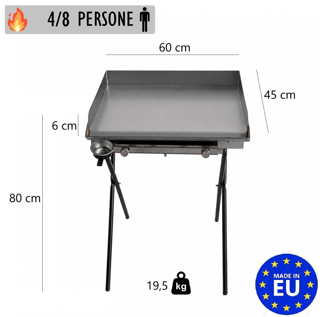 Yelloo - Parrilla Inoxline 620 60x45 cm con placa lisa de acero inoxidable AISI430, BBQ barbacoa de gas con dos quemadores