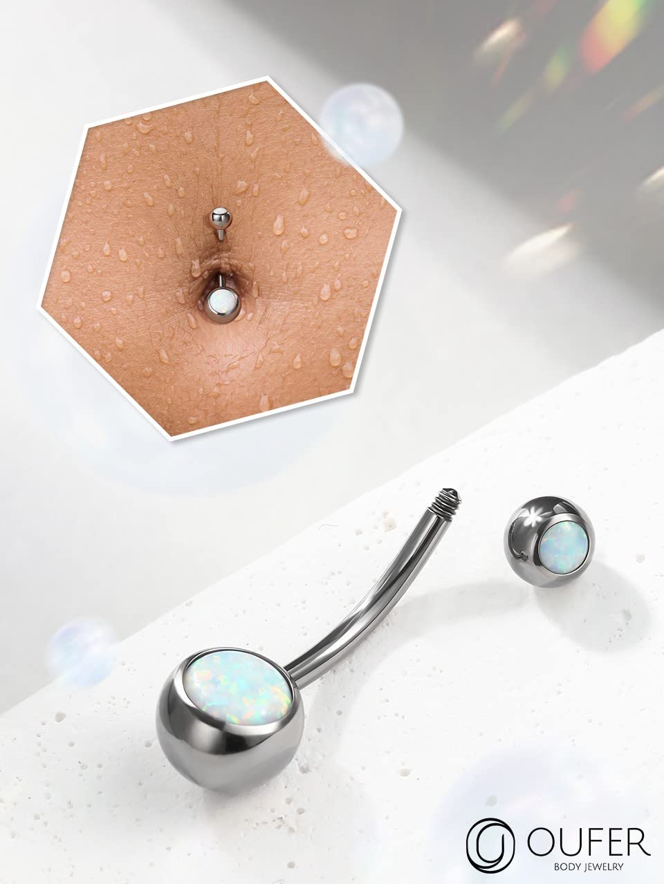 OUFER 14G Piercing per Ombelico Anello Titanio Palline Balls Pantaloncini Extra Lungo Short Long Bananabells Navel Pircing Anelli Doppio Bianco Opal 1,6 mm, Barbell Belly Button Jewellery 8 10 12 16mm