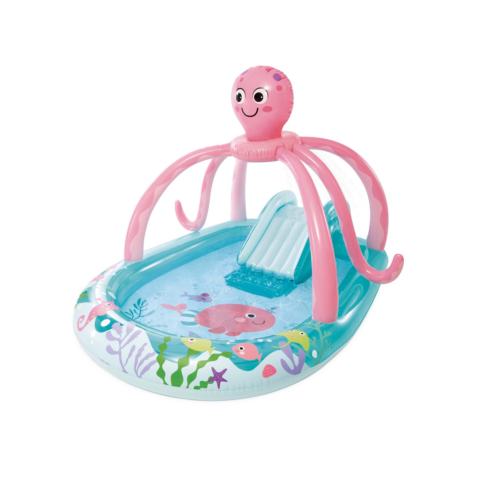 INTEX Piscina Infantil Hinchable con tobogán con Base Acolchada, dispersor de Agua y Juego Lanzamiento Anillas, Diseño Pulpo, Incluye Parche reparación, Centros de Juego para niños, 2 años (56138)