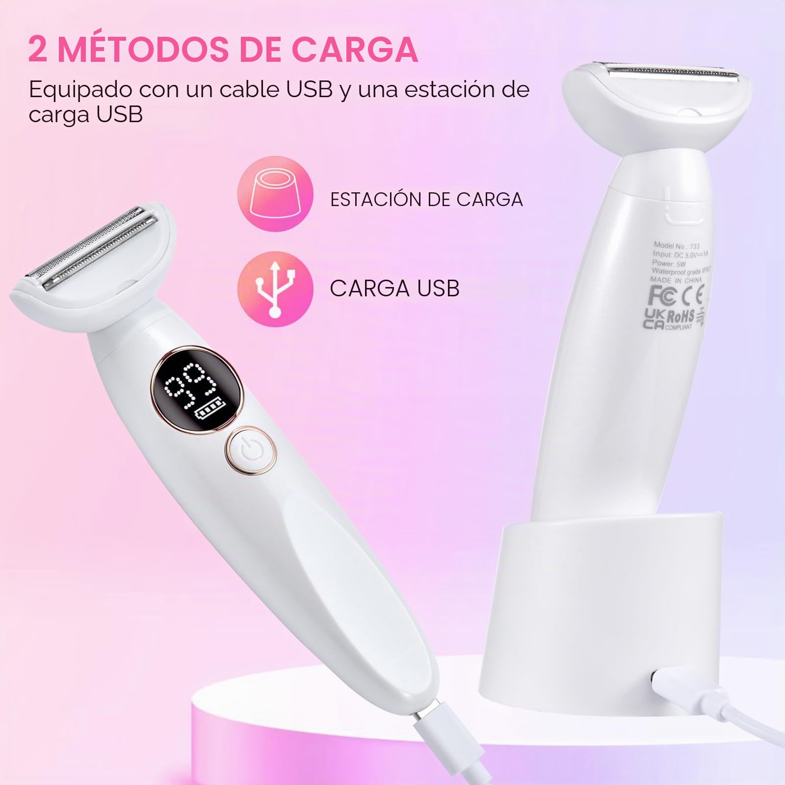 Afeitadora Mujer, 5 in 1 Rasuradora Mujer Zona Intima USB Recargable Profesional Afeitadora Mujer Zona Intima Uso en Seco y en Mojad, IPX7 Impermeable Indoloro Maquina Depilar Mujer
