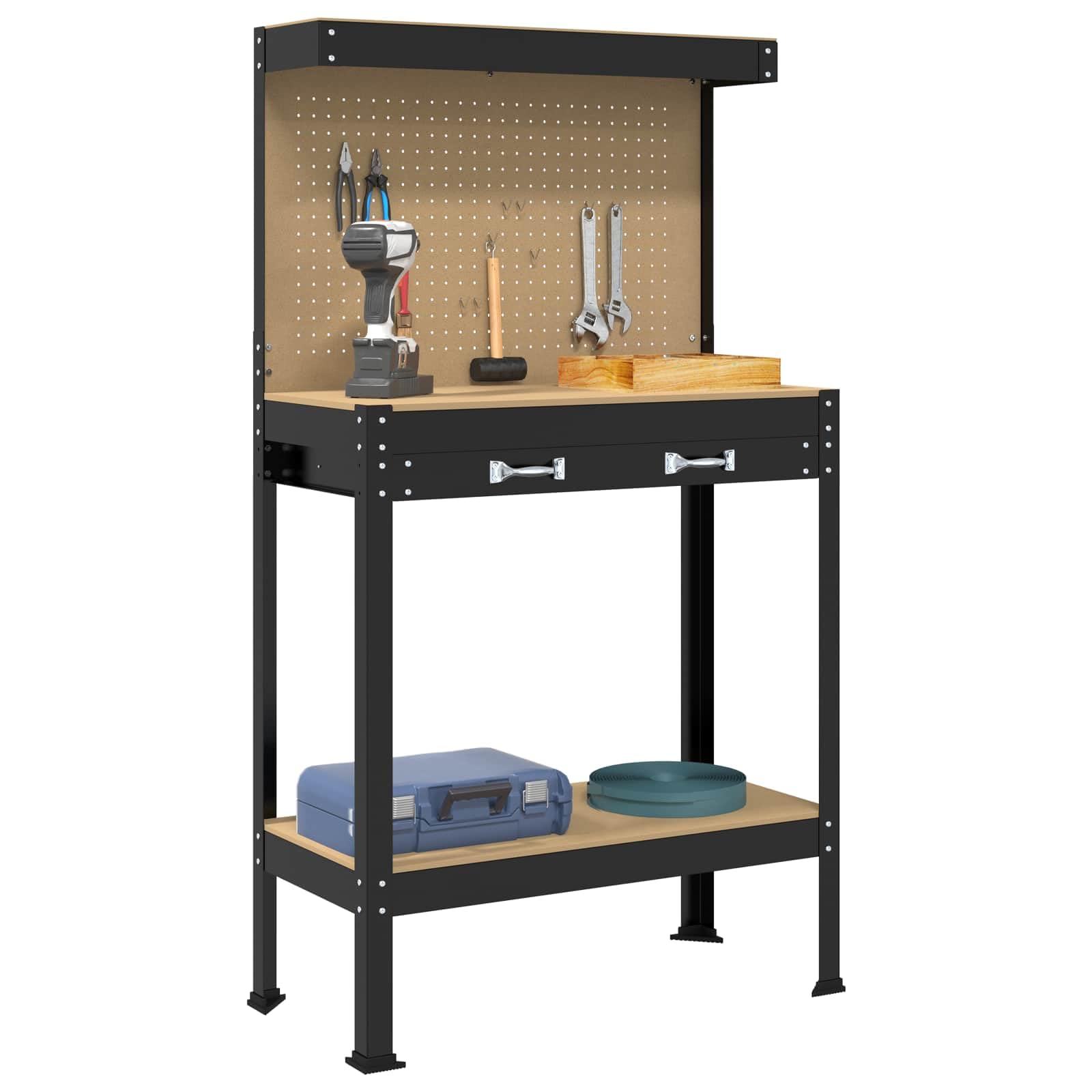 Banco de trabajo industrial con cajones, color negro, 81 x 41 x 145 cm, estructura de madera, estructura de metal, estanterías