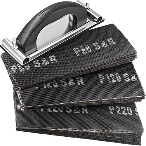 S&R Zestaw do szlifowania płyt gipsowo-kartonowych, 30 arkuszy szlifierskich (po 10 x P80, P120, P220), 280 x 93 mm, ze szlifierką ręczną 240 x 80 mm, wytrzymałe ziarno węglika krzemu, idealne do płyt