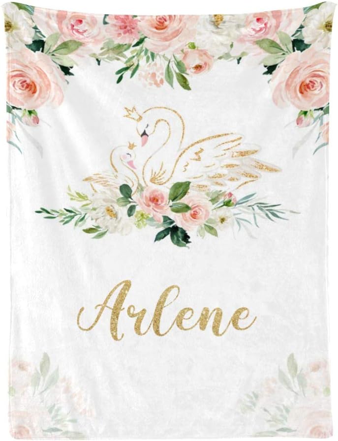 Swan Floral Personalized Receiving Baby Blankets for Girls Boys Kids with Name,Customized Swaddle Blankets Gift for Newborn Crib Infants 30x40 Inches