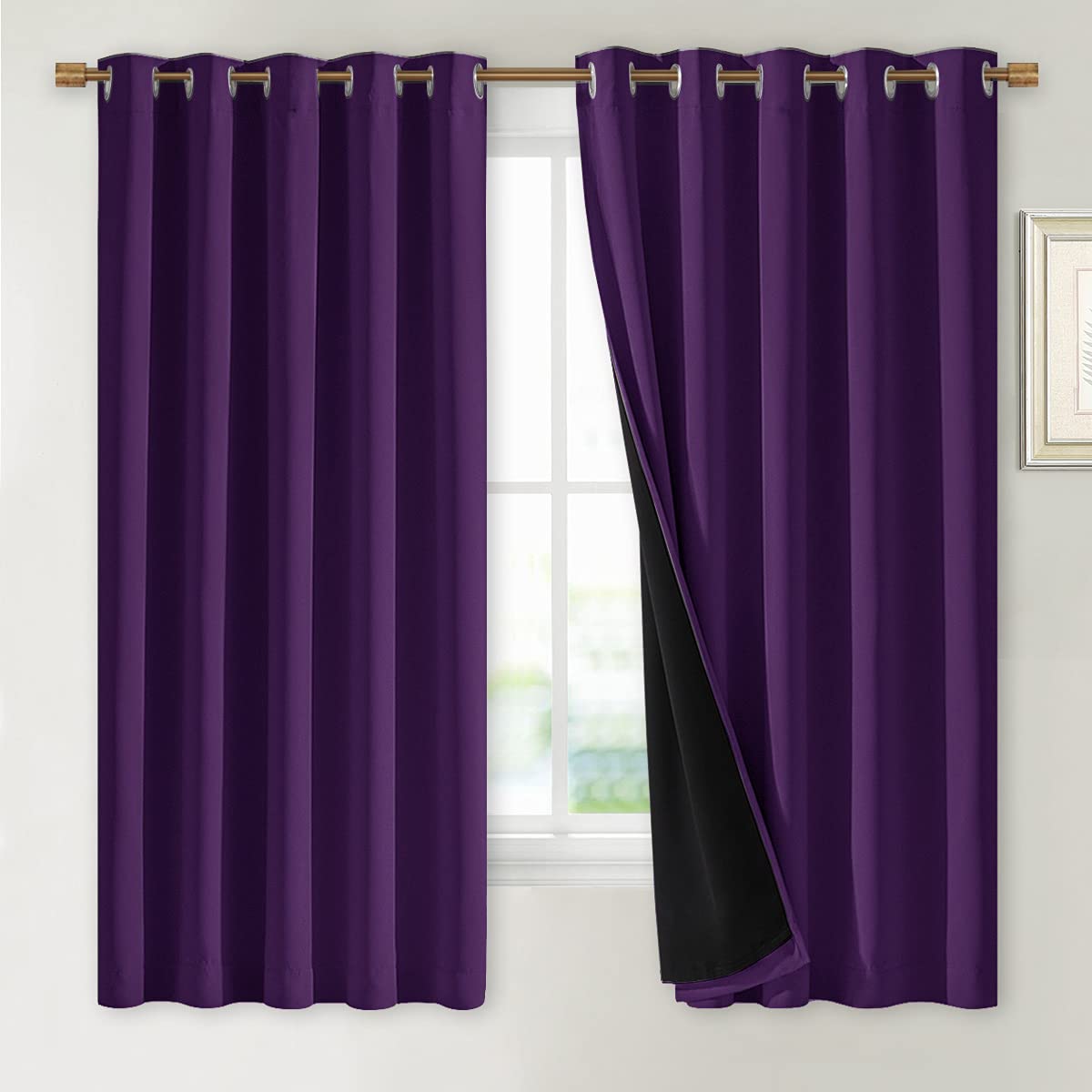 NICETOWN 100% Blackout Curtains with Black Liners, Royal Purple, 2 Panels, 62-inch W by 63-inch L, Thermal Insulated Full Blackout 2-Layer Lined Drapes, Energy Efficiency Window Draperies for Bedroom