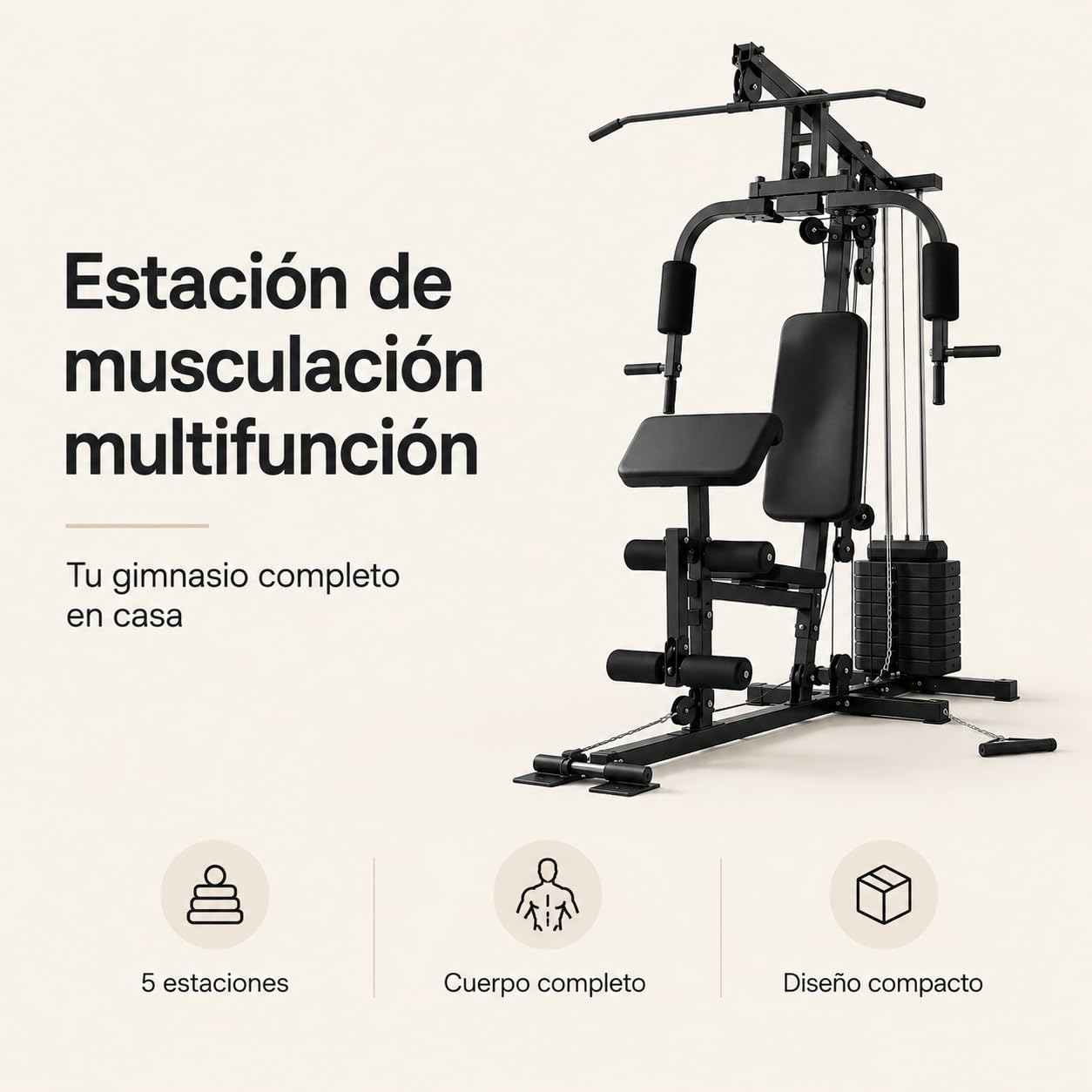 Estación musculación multifunción poleas 132 × 95 × 202 cm – Jalón Pecho, Press Pecho, PEC Fly, Curl bíceps predicador, extensión piernas, polea Baja, Gimnasio casa