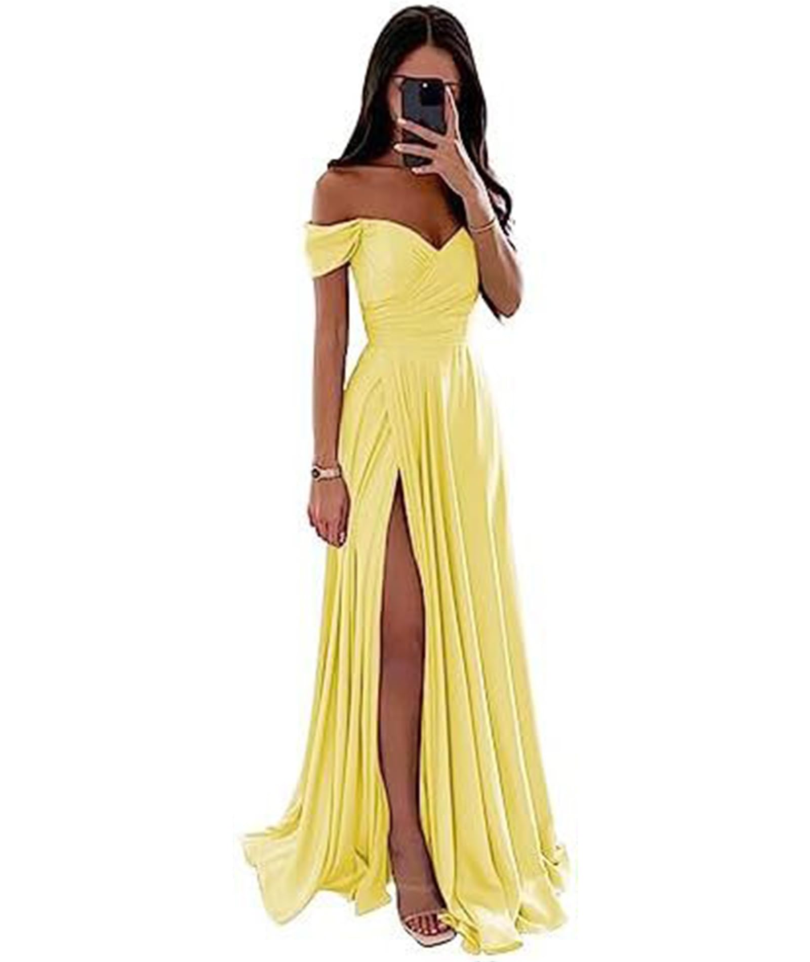 ECDAHICC Vestido de dama de honor sin hombros para mujer, de satén, abertura larga, elegante, formal, vestido de noche, línea A, vestido de boda y fiesta BY-2XL