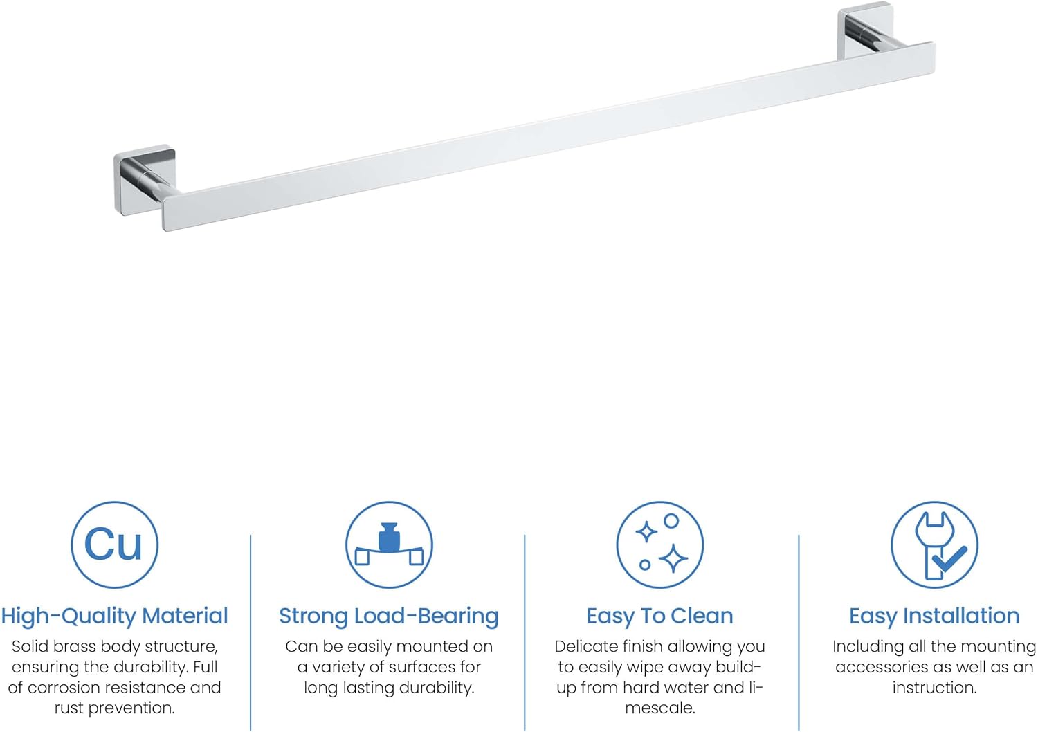 KIBI Blaze 24 Inch Wall Mounted Bath Towel Bar – Solid Brass Bathroom Towel Holder, Modern Design, Durable Rust-Resistant Towel Hanger,Chrome Finish for Bathroom Accessories
