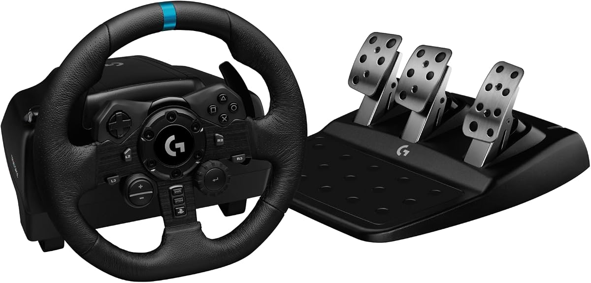 Volante de carreras y pedales Logitech G923 para Playstation/PS5/PS4 y PC | Compatible con Trueforce, retroalimentación de fuerza <1000 Hz, control de lanzamiento de doble embrague, cubierta de cuero genuino, para PS5, PS4, PC, Mac