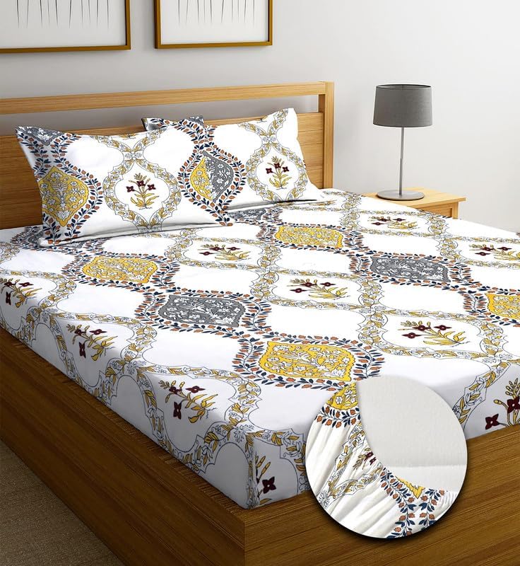 Image of Premium Cotton Fitted Bedsheet King Size 78 x 72 x 8 Inches with 2 Pillow Covers | 220 TC | All-Around Elastic Deep Pocket Bed Cover | White Mustard Grey Ethnic