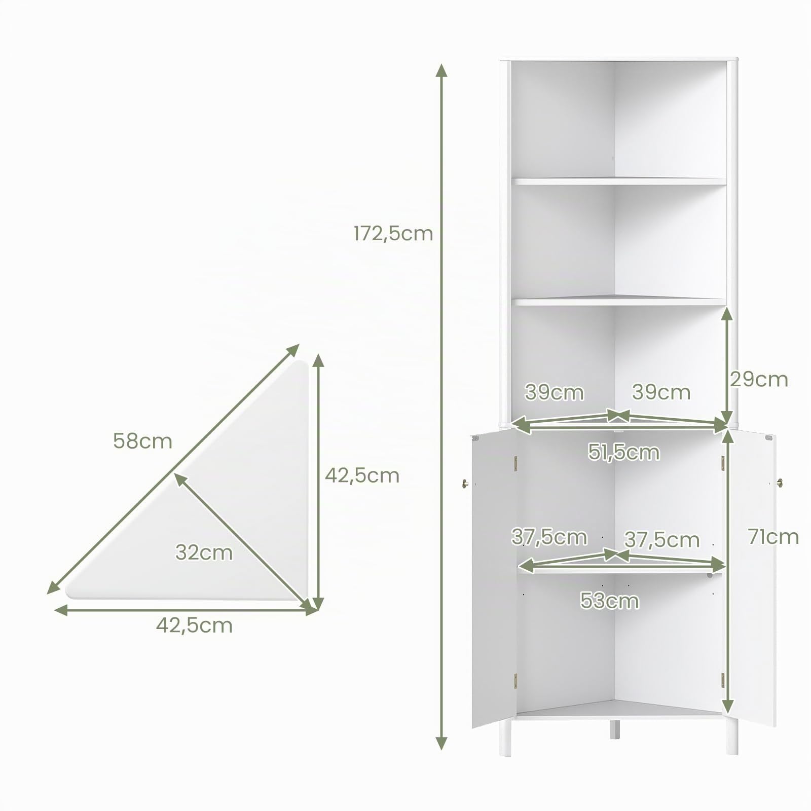 LIFEZEAL Mueble de baño esquinero para Ahorrar Espacio, Armario de baño de Esquina, 58 x 32 x 172,5 cm, aparador de Cocina, despensa, con estantes Ajustables, 5 Compartimentos, 2 Puertas (Blanco)