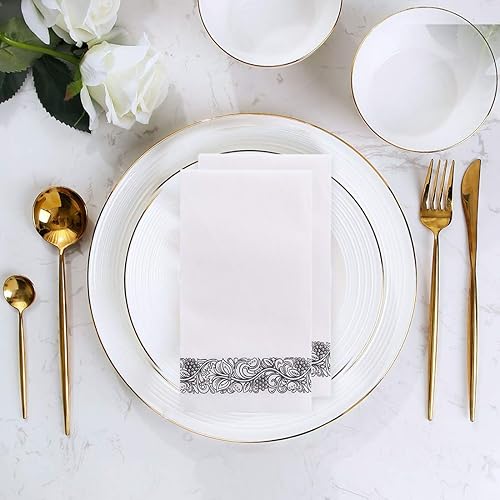 Miniatura 4 de Foraineam Paquete de 100 toallas de mano desechables con tacto de lino, toallas decorativas de papel floral para invitados