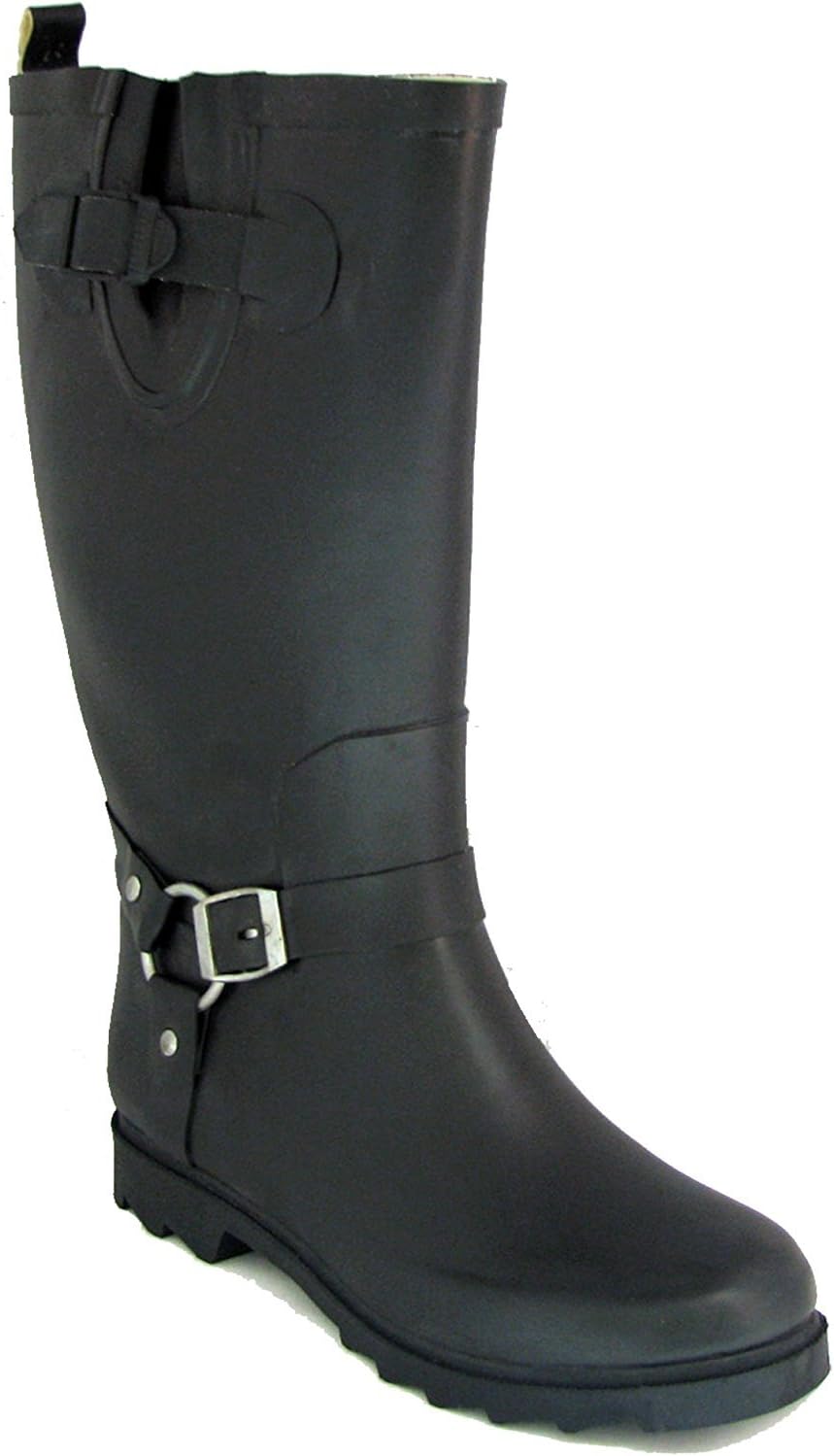 RB Women's Black Rubber Rain Boots Harness Motocycle Mid-calf Knee High Snow Boots