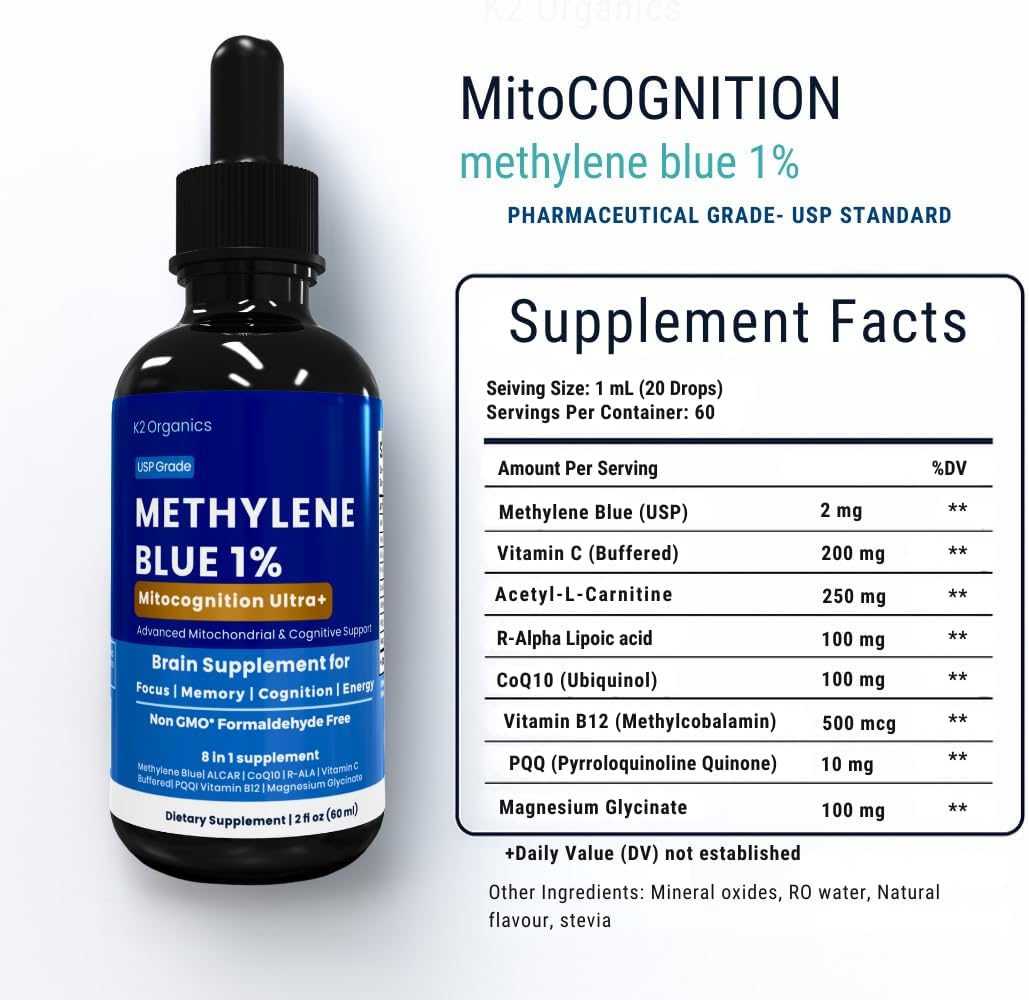 Methylene Blue Drops 2oz-MitoCognition Ultra+ 8-in-1 Pharmaceutical Grade 1% Solution Support Focus, Memory, Cognition and Energy–No Formaldehyde Third-Party Tested Brain Health Supplement for Humans