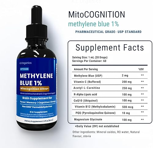 Miniatura 7 de Gotas de Azul de Metileno 2oz-MitoCognition Ultra+ 8-en-1 Grado Farmacéutico Solución al 1% para Apoyar el Enfoque, Memoria, Cognición y EnergíaSin