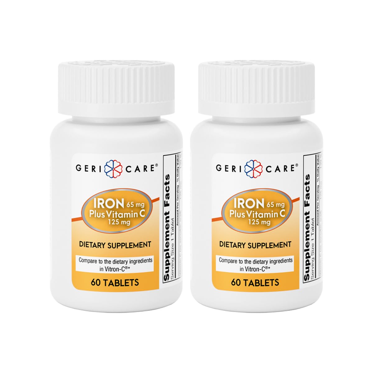 GeriCare Iron 65mg Plus Vitamin C 125mg Tablets – High-Absorption Iron for Anemia Support, Red Blood Cell Production, Fatigue Reduction, and Immune Health – 60 Count (2 Pack) 60 Count (Pack of 2)