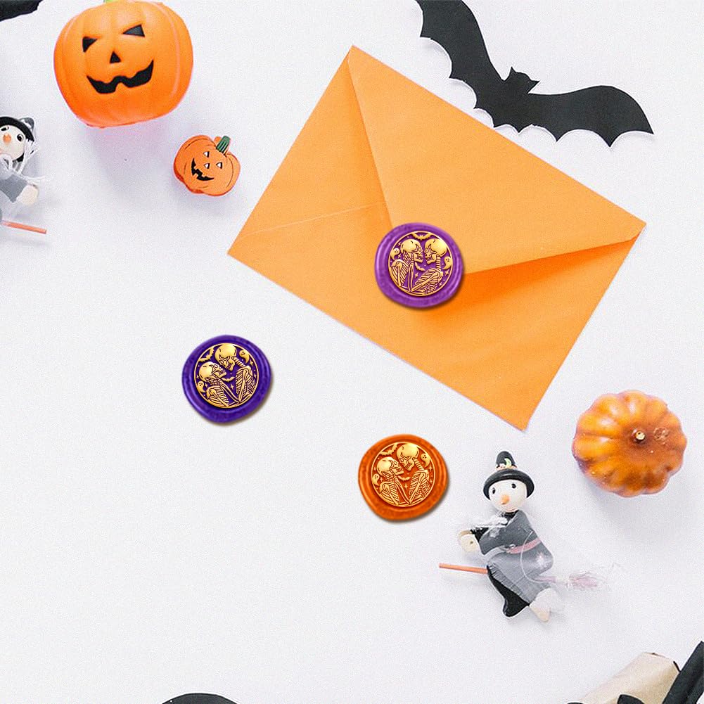 Two Skeletons Wax Seal Stamps - Vintage Skull Sealing Stamps, 1" Removable Brass Head with Wooden Handle for Envelope, Greeting Cards, Letters, Halloween Invitations, Bottle Gift Wrapping