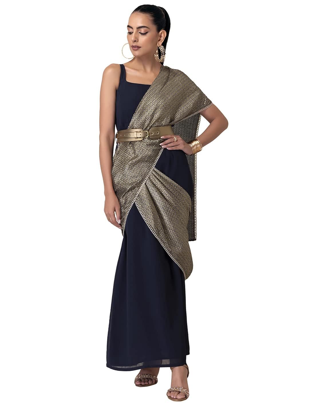 Buy INDYA X ASHISH SONI Navy Pleated Foil Belted Pre-Stitched Saree With  Attached Blouse at Amazon.in
