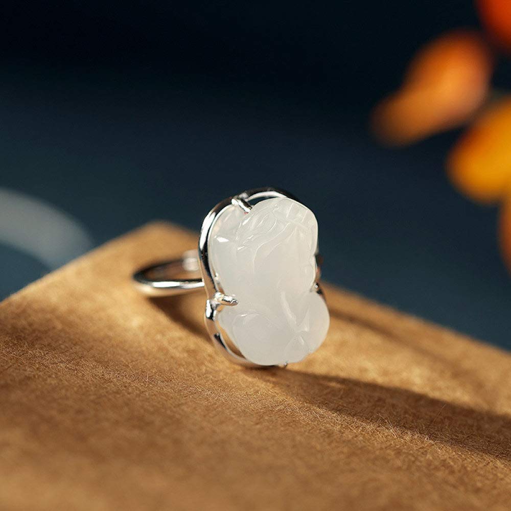 Vintage Estilo Chino S 925 Anillo De Plata La Mujer Mosaico Abierto Pixiu Jade Blanco Regalo Creativo De Moda De Tendencia De Personalidad Temperamento Elegante