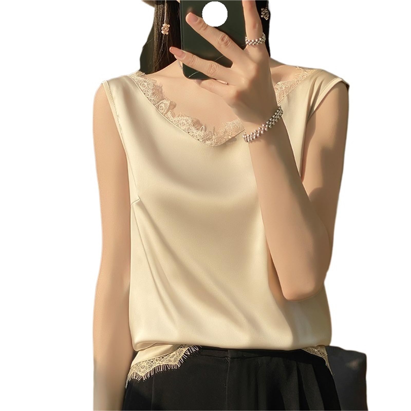 Top de Camisola de Seda Camiseta de Tirantes Seda Verano for Mujer, satén, con Escote en V, Morera, Sexy, Encaje y Colgantes, Fina, sin Mangas, Camiseta Interior para IR al Trabajo