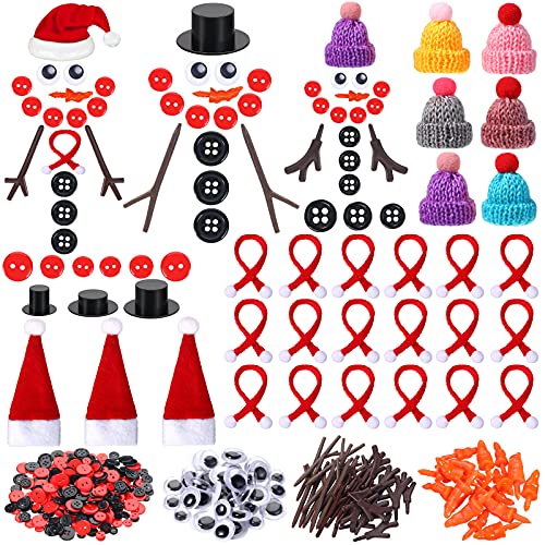 450 Pieces Christmas Snowman DIY Craft Kit Included Mini Hats Plastic Eyes Carrot Noses Branches Hands Tiny Black Red Buttons Knitted Scarves for Xmas Snowman DIY Craft Crafting Sewing Party Supplies