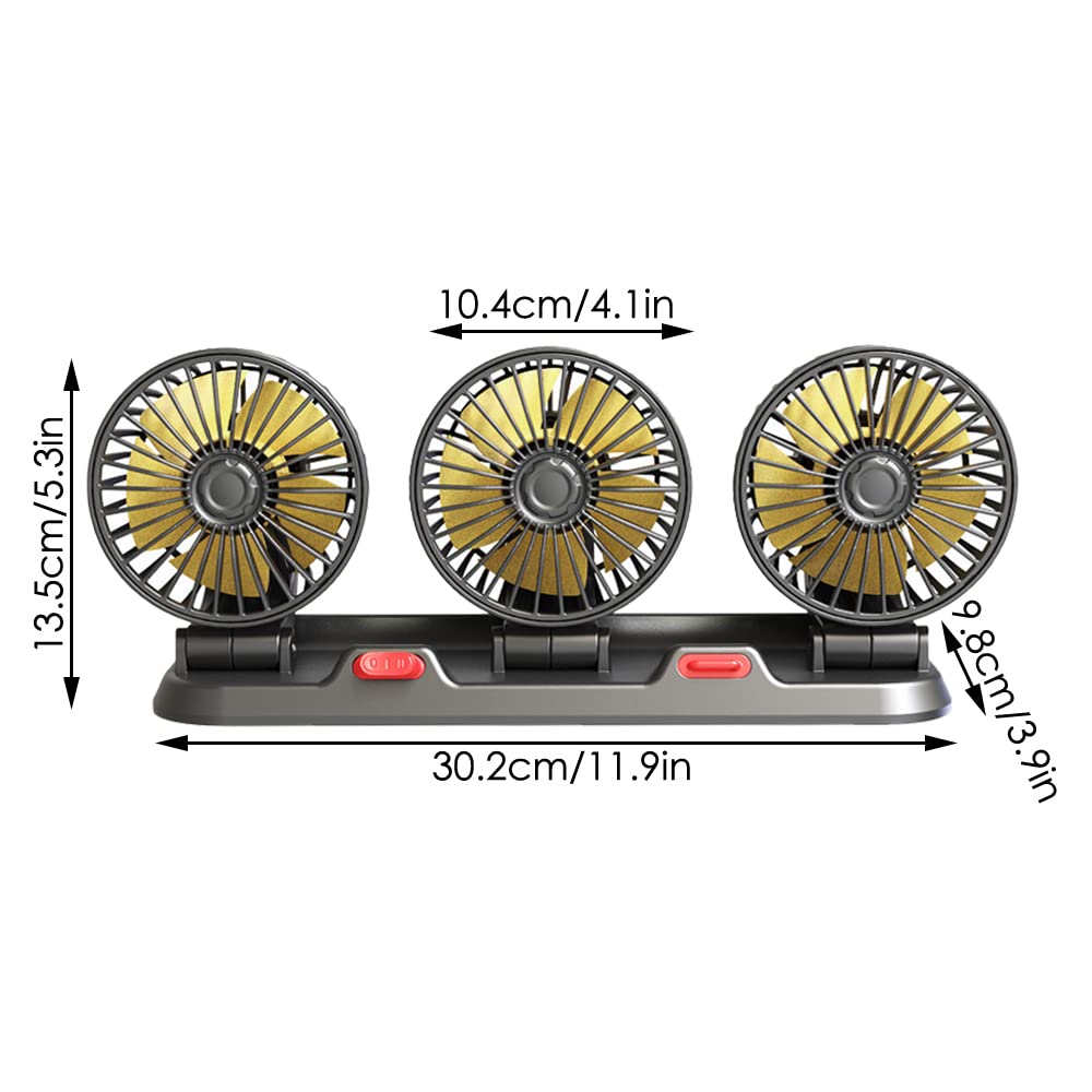 Baceyong 5V/12V/24V Ventola di raffreddamento per auto a tre teste con porta accendisigari/USB per camion, furgone, SUV, camper, barca, rotazione verticale regolabile a 360 ° orizzontale a 180 °