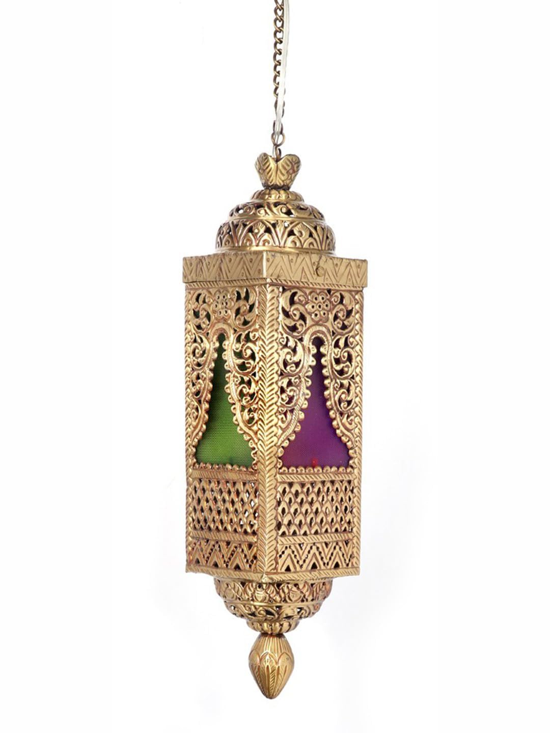 Vintage Moroccan Hanging Pendant Light, Brass & Glass Lattice Design, Multicolour LED-image-31