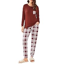 Ekouaer Pigiama Donna Invernale Cotone Caldo Pigiami Manica Lunga Invernali Pigiama Due Pezzi Tasche con Coulisse Tuta Lungo, Rosso Vino, L