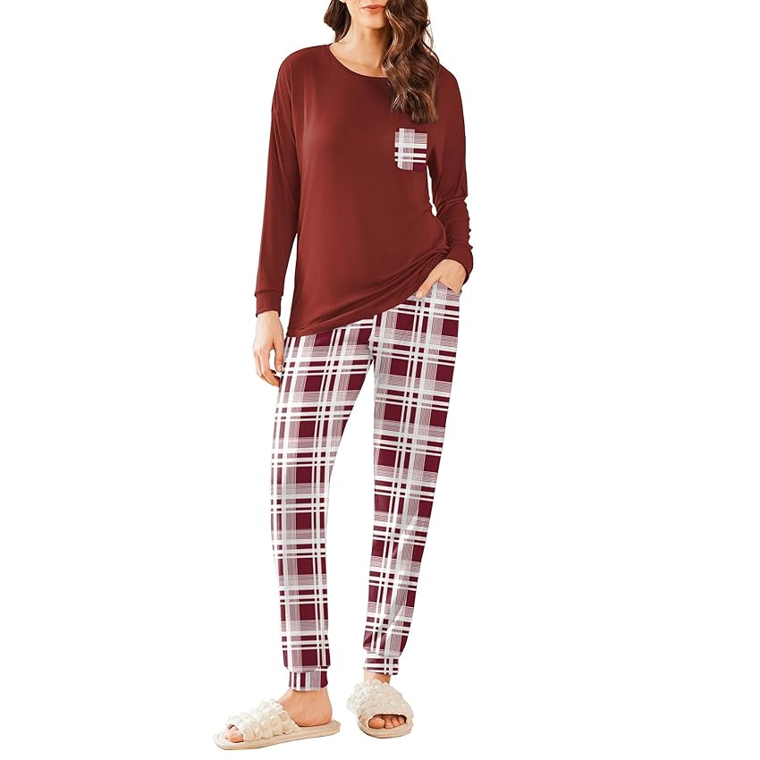 Ekouaer Pigiama Donna Invernale Cotone Caldo Pigiami Manica Lunga Invernali Pigiama Due Pezzi Tasche con Coulisse Tuta Lungo, Rosso Vino, L