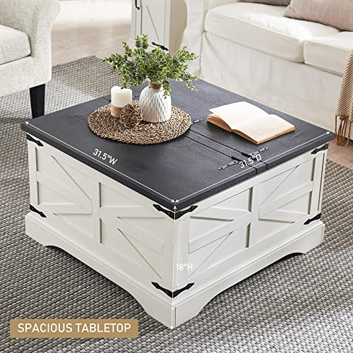JXQTLINGMU Farmhouse Coffee Table, Square Wood Center Table with Large Hidden Storage Compartment for Living Room, Rustic Cocktail Table with Hinged Lift Top for Home, White - Image 5