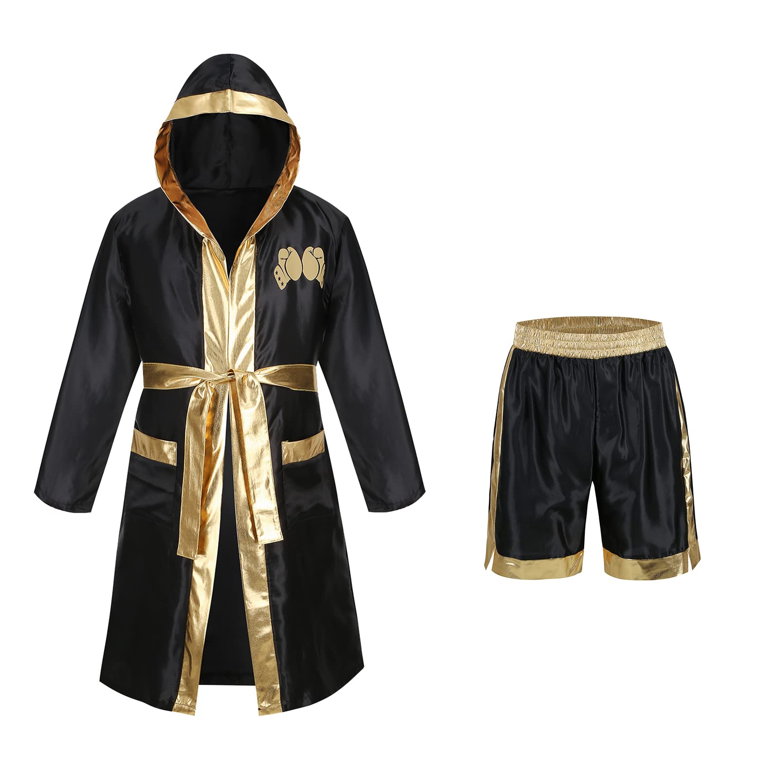 maxToonrain Boxer Fancy Dress,Adult Holloween Costumes Funny Stain Printing Hooded Boxing Costume Robe+Boxer Shorts Outfit(Gold,L)