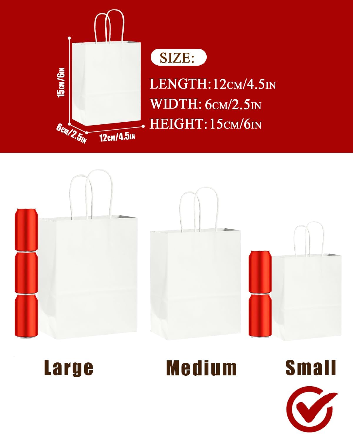 Bakepacker 60 sztuk małych torebek papierowych na prezenty z uchwytami luzem 21 cm x 15 cm x 8 cm białe torby na zakupy typu kraft