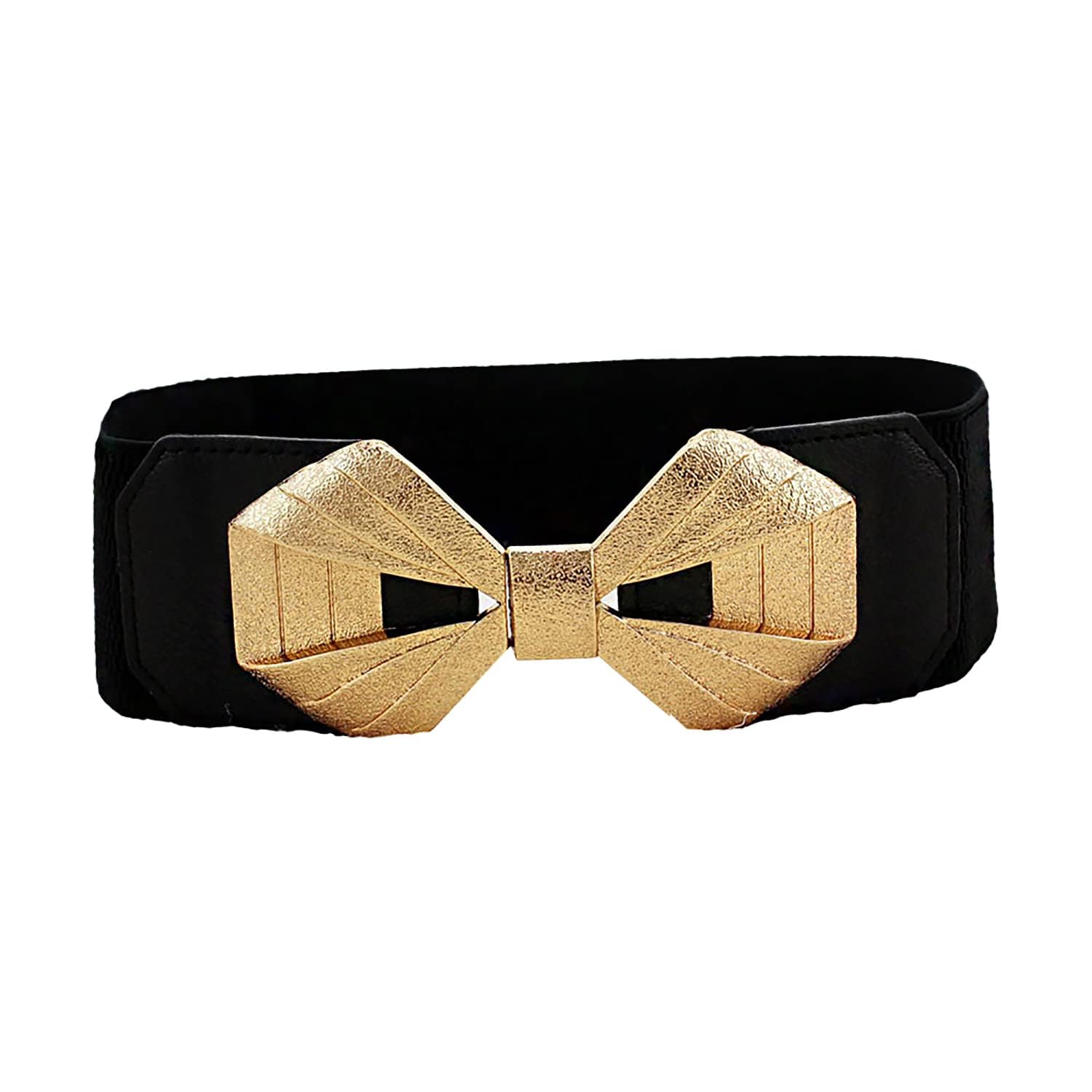 syga Women Cinch Belt, PU Leather Stretchy Waist Belt with Bowtie Ribbon Metal Buckle, Retro Style - Black-picture-9