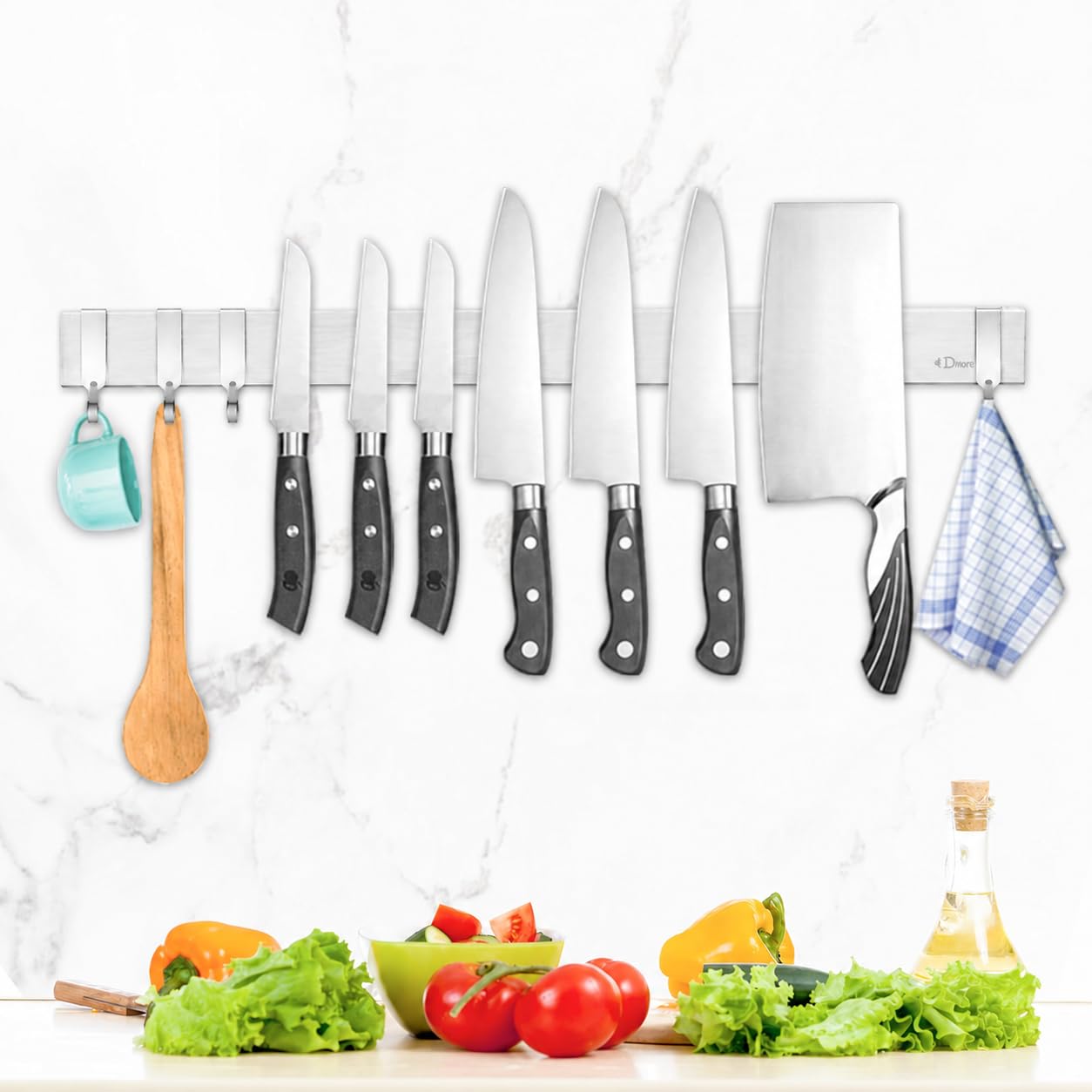 Dmore magnetic knife holder for wall—with 4 hooks, No Drilling 20 Inch silver knife magnetic strip, Powerful knife magnet rack, include Adhesive Tape and screws for Knives, Utensils, and Tools