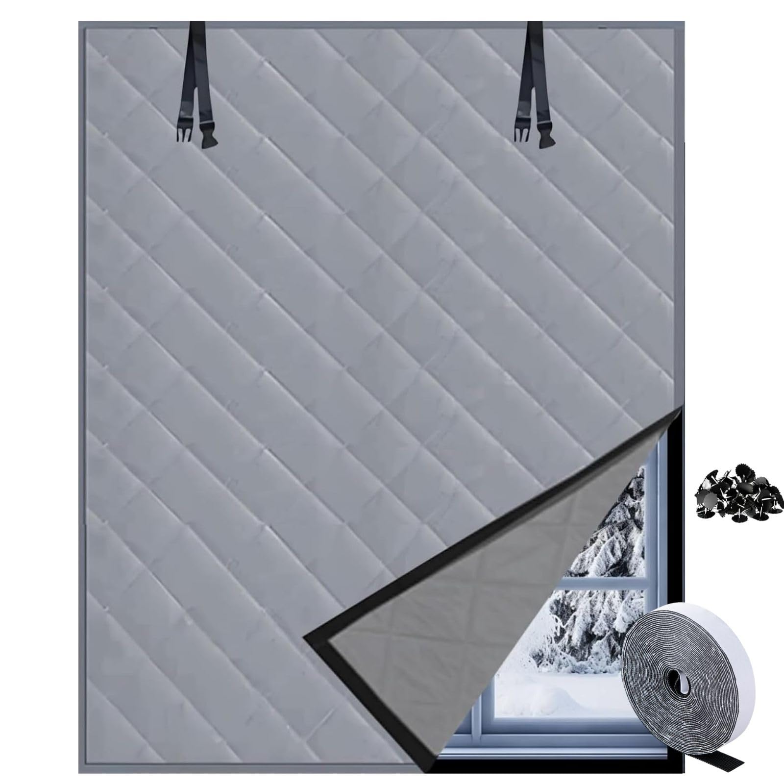 Thermo Cover Fenster Winter Isolierung Winddicht Wärmende Baumwollvorhänge Fensterisolationsset Wiederverwendbar, 100x120 cm zur Wärmedämmung an Fenstern(Gray,200x200cm)